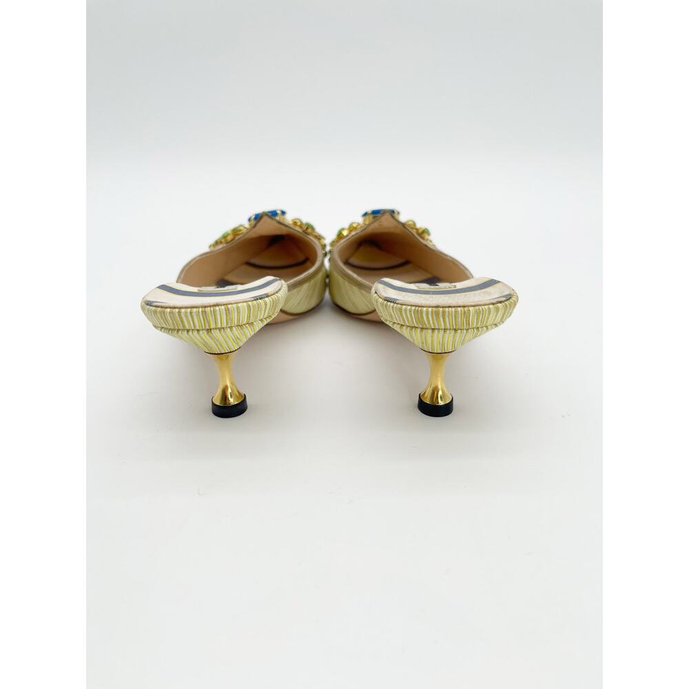 Manolo Blahnik Retro Green Striped Crystal Pointed Toe Kitten Heel Mules IT 36.5 - Picture 9 of 12